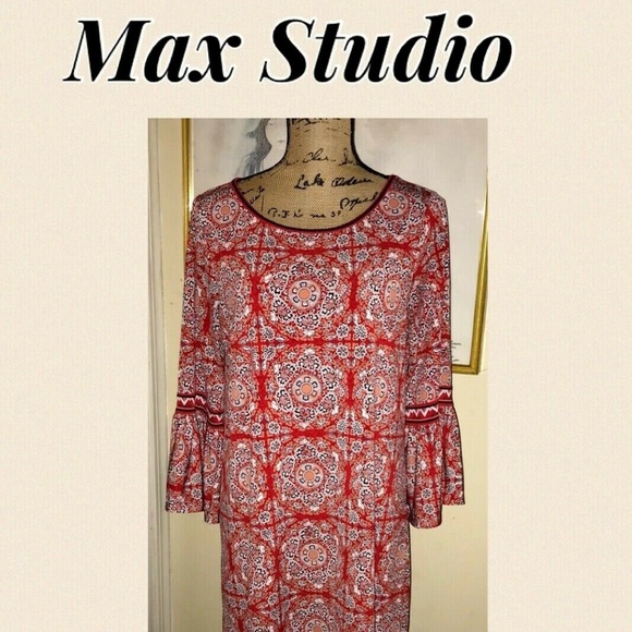 MAX STUDIO RED SILKY KNIT DRESS,BOHO PRINT~MEDIUM - Picture 1 of 5